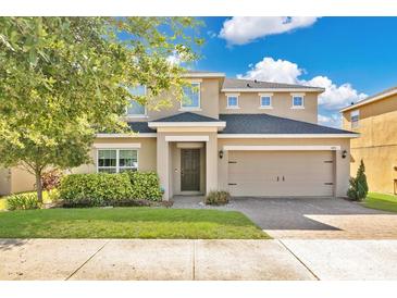 Charming two-story home featuring a well-maintained lawn and a convenient two-car garage at 445 Kestrel Dr, Groveland, FL 34736