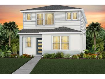 Two-story house with light gray siding, landscaped lawn, and walkway at 6935 Copperwood Ave, Orlando, FL 32829