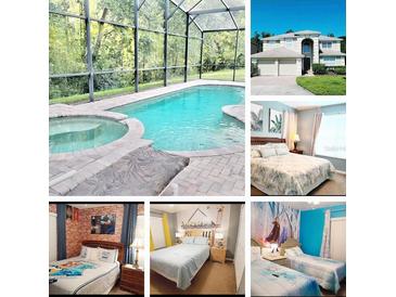 Resort pool and spa with screened enclosure, a bedroom, and the exterior elevation view at 1217 Cypress Pointe Blvd, Davenport, FL 33896