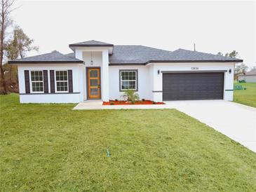 Charming single Gathering home with a well maintained lawn and an eye-catching orange front door at 13836 Sw 27Th Ter, Ocala, FL 34471