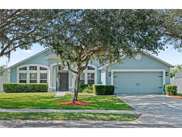 Charming single-story home with a lush green lawn, mature tree, and light blue exterior at 38 Lakeview Reserve Blvd, Winter Garden, FL 34787