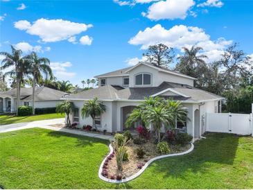 Beautiful two-story home with lush landscaping, palm trees, and manicured lawn on a sunny day with scattered clouds at 795 Sterling Chase Dr, Port Orange, FL 32128
