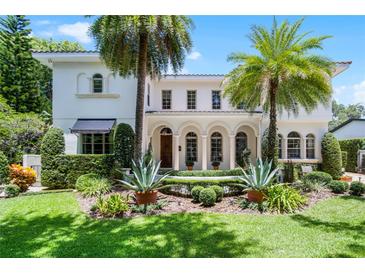 Stunning Mediterranean-style home with lush landscaping and towering palm trees at 419 Raehn St, Orlando, FL 32806