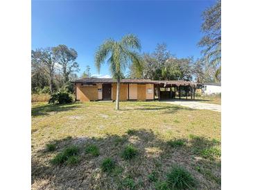 Single story home with a light-colored exterior, driveway, dead yard, and a palm tree at 4384 Frances Ave, Sanford, FL 32773