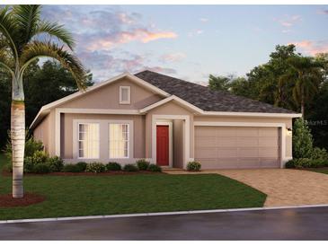 Charming single-story home featuring a red front door, manicured lawn, and attached two car garage at 5960 Vision Rd, St Cloud, FL 34771