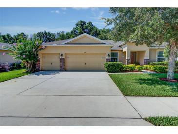 Home featuring a two-car garage, a paved driveway, and lush landscaping at 619 Meadow Sage Dr, Deland, FL 32724