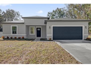 Charming single-story home with gray stucco exterior, a well-manicured lawn, and a two-car garage at 4405 Sw 155Th Place Rd, Ocala, FL 34473