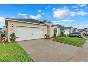 Charming single-story home features a two-car garage, well-manicured lawn, and inviting curb appeal at 3871 Brant Pl, Leesburg, FL 34748