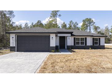 Charming single-story home with gray driveway, dark gray garage door and black shutters at 41915 Aspen St, Eustis, FL 32736