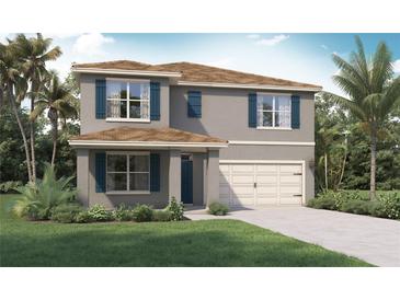 Two-story home with gray siding, blue shutters, a brown roof, and a two car garage at 5844 Galloping Dr, Apopka, FL 32712