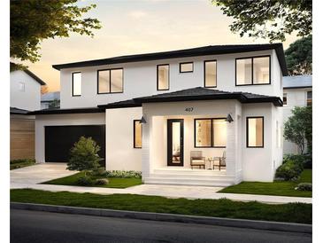 Stunning two-story modern home featuring a black roof, clean white stucco, and a welcoming front porch at 407 Calhoun Pl, Orlando, FL 32801