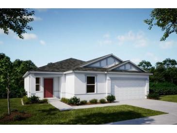 New construction of a one-story home with red entry door, white stucco, dark roof, and an attached two-car garage at 6634 Lullaby Way, Mascotte, FL 34753