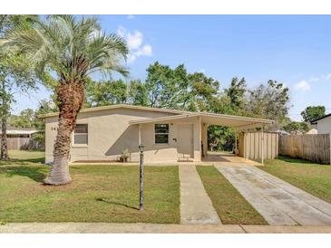 Charming single-story home featuring a well-maintained lawn, covered parking, and a beautiful palm tree at 1417 Independence Ave, Deltona, FL 32725