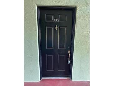 View of the front door, painted black with a door knocker and the letter B above it at 2025 Dixie Belle Dr # 2025 B, Orlando, FL 32812