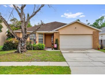 Charming single-story home with a well-manicured lawn, mature tree, and attached two-car garage at 3038 Woolridge Dr, Orlando, FL 32837