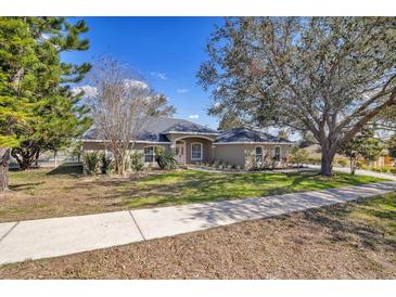 Inviting single-story home featuring a lush green lawn, mature landscaping, and a welcoming walkway at 11706 Regal Ridge Ln, Clermont, FL 34711