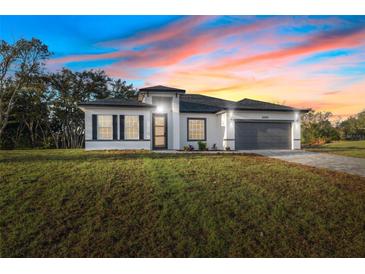 Charming one-story home featuring a modern design, a gray garage door, and beautiful landscaping at 6430 Sw 145Th Ln, Ocala, FL 34473