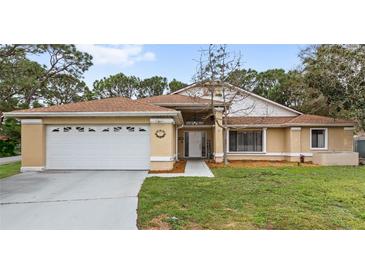 Inviting single-story home with manicured lawn, neutral paint, white trim, and an attached two-car garage at 100 Honeywood Ct, Kissimmee, FL 34743