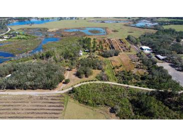 Expansive aerial view of a lush, green property featuring multiple ponds and cultivated fields at 8122 Pine Island Rd, Clermont, FL 34711