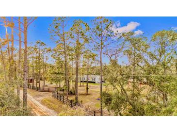 Exterior view of charming home with long driveway through fenced wooded lot at 11811 Kijik Trl, Groveland, FL 34736