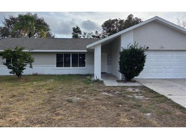 A charming single-story home featuring a two-car garage, well-maintained lawn, and inviting entrance at 1845 Portview Ave, Deltona, FL 32738