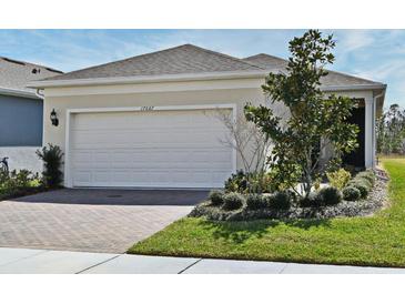Charming one-story home with a spacious two-car garage, brick driveway and neatly landscaped front yard at 17667 Saw Palmetto, Clermont, FL 34714