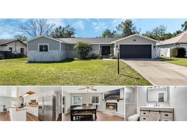 Charming single-story home with manicured lawn and modern gray exterior, plus kitchen, dining and bathroom vignettes at 1183 Feather Dr, Deltona, FL 32725