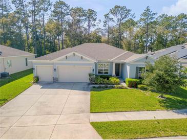 Inviting single-story home boasts a well-manicured lawn, mature trees, and a three-car garage at 388 Nowell Loop, Deland, FL 32724