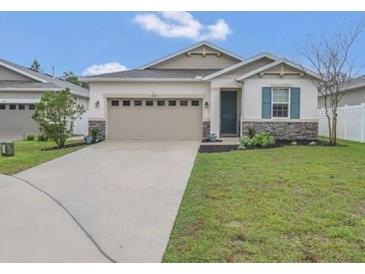 Charming single-story home with a well-manicured lawn and a two-car garage at 4009 Swan Goose Ct, Okahumpka, FL 34762