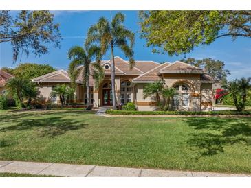Expansive one-story home showing lush green lawn, two large palm trees, neutral stucco and tile roof at 2008 Water Key Dr, Windermere, FL 34786