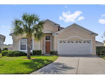 Charming single-Gathering home featuring a well-manicured lawn and a mature palm tree at 8136 Fan Palm Way, Kissimmee, FL 34747