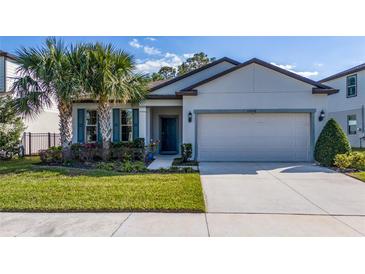Charming single-story home with lush landscaping, palm trees and a two-car garage at 17216 Goldcrest Loop, Clermont, FL 34714