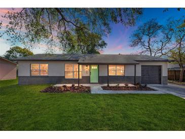 Charming single story home with a well manicured lawn, tidy landscaping, and a modern light green front door at 1203 Baranova Rd, Ocoee, FL 34761