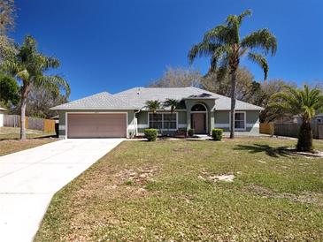 Charming single-story home with a two-car garage, well-maintained lawn, and tropical palm trees at 2253 Lake Pointe Cir, Leesburg, FL 34748