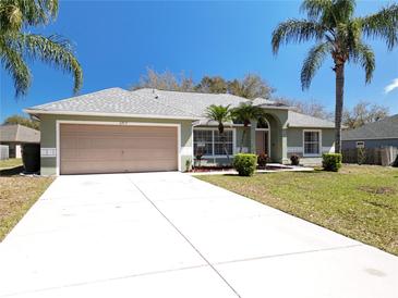 Charming single-story home with a well-maintained lawn, light green exterior, and an attached two-car garage at 2253 Lake Pointe Cir, Leesburg, FL 34748