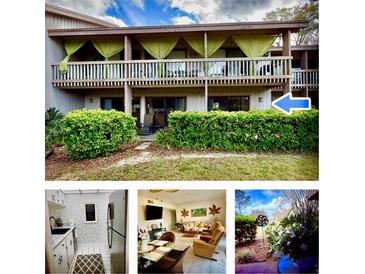 Attractive condo exterior with manicured shrubs and balcony featuring privacy curtains at 402 Cypress Dr # 402, Haines City, FL 33844