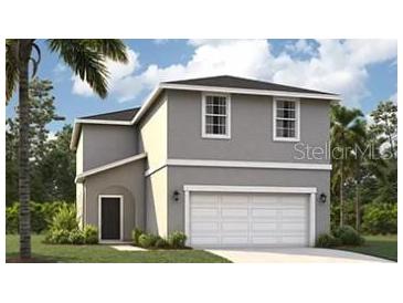 Two story home featuring a two-car garage, neutral paint, and minimal landscaping with palm trees on an overcast day at 3489 Salvia Ct, Tavares, FL 32778