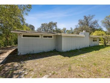 Side view of a gray block home featuring a chimney and small windows at 27630 Jean Ave, Paisley, FL 32767