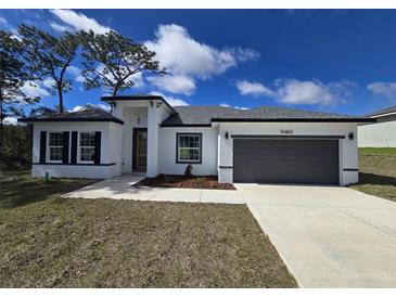 Charming single-story home features a modern design, manicured lawn, and a two-car garage at 15462 Sw 46 Cir, Ocala, FL 34473