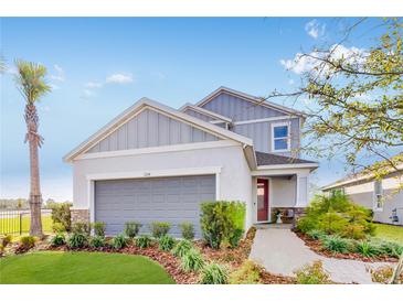Charming two-story home with gray siding, a landscaped yard, and a welcoming red front door at 1224 Teal Creek Dr, St Cloud, FL 34771