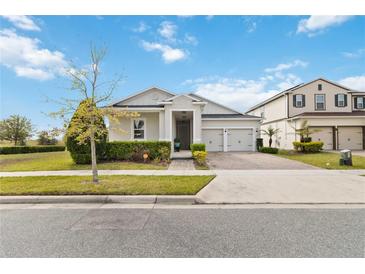 Charming single-story home with a two-car garage, manicured lawn, and beautiful landscaping under a bright, cloudy sky at 2951 Irish Peach Dr, Winter Garden, FL 34787