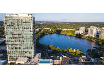 Stunning aerial view of The Vue at Lake Eola, showcasing its prime location and beautiful lake views at 150 E Robinson St # 405, Orlando, FL 32801