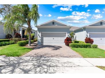 Charming home featuring a well-manicured lawn and a two-car garage, set under a sunny sky with beautiful landscaping at 1830 Estuary Ln, Kissimmee, FL 34747