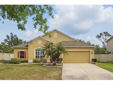Charming single-story home featuring a well-manicured lawn, mature palm trees, and an attached two-car garage at 3747 Moon Dancer Pl, St Cloud, FL 34772