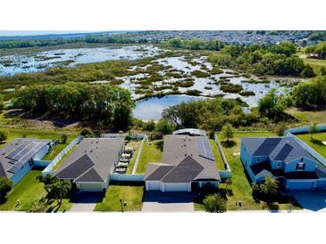 An aerial view of beautiful homes with solar panels with a large pond and lots of nature and greenery in the backyard at 607 Black Eagle Dr, Groveland, FL 34736