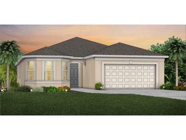 Charming single-story home featuring a 2-car garage, manicured lawn, and welcoming front entrance at 6038 Tree Crossing Ln, St Cloud, FL 34771