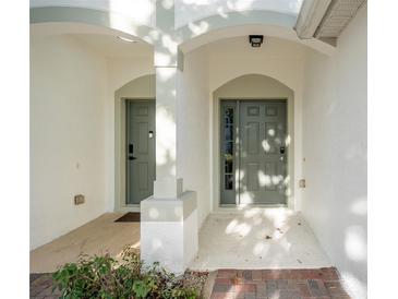 Inviting entryway with two arched doors and sunlit walkway to home at 6847 Sperone St, Orlando, FL 32819