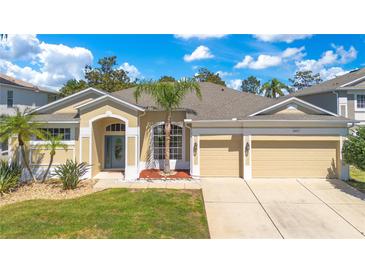 Charming single-story home with a well-manicured lawn, two car garage, and a palm tree in the front yard at 10027 Hart Branch Cir, Orlando, FL 32832