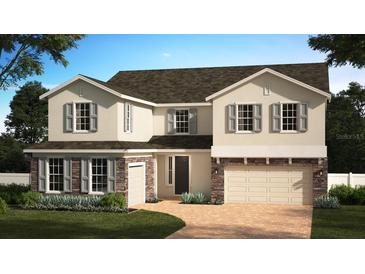Charming two-story home features a stone-accented facade, gray shutters, and a well-manicured lawn at 5061 Northern Dove Ave, Mount Dora, FL 32757