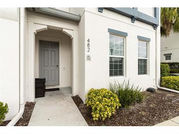 Townhome front entrance with grey door, manicured landscaping, and house number at 482 Captiva Dr, Davenport, FL 33836
